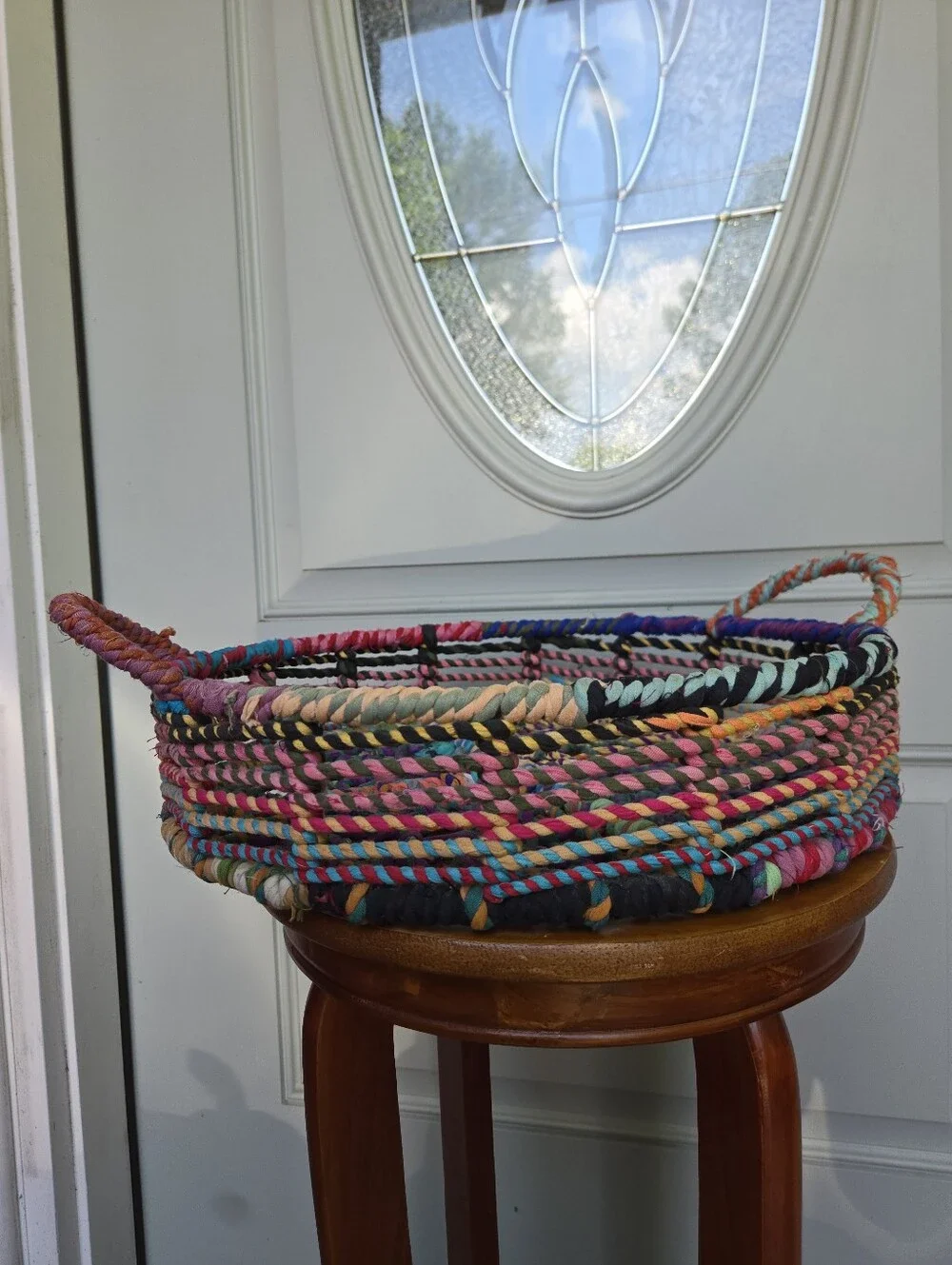 Jute Wrapped Tray Basket Recycled Fabric Multicolor